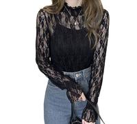 EMOTTOS Tops de Encaje Sexy de para Mujer, Camiseta de Malla con Estampado de Flores Escote Medio Alto, Elegante Festival Camiseta Rejilla Transparente para Señoras, Negro, XL