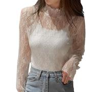 EMOTTOS Tops de Encaje Sexy de para Mujer, Camiseta de Malla con Estampado de Flores Escote Medio Alto, Elegante Festival Camiseta Rejilla Transparente para Señoras, Blanco, M