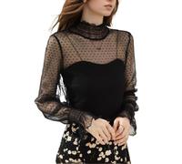 EMOTTOS Tops de Encaje Sexy de para Mujer, Camiseta de Malla con Estampado de Lunares Escote Medio Alto, Elegante Festival Camiseta Rejilla Transparente para Señoras, Negro, L