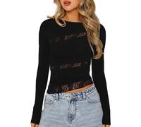 EMOTTOS Tops de Encaje Sexy de para Mujer- Crop Tops Ajustados de Malla con Cuello Redondo, Blusa Sexy Top Dupes con Encaje Floral para Clubes y Moda callejera(Black-L)