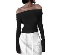 EMOTTOS Tops de Encaje Sexy para Mujer, Crop Top de Manga Larga con Escote Swing, Camisa Larga con Encaje sin Hombros, Camiseta Y2K (Negro/Blanco, S-XL)