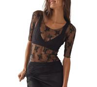 EMOTTOS Tops de Encaje Sexy para Mujer, Manga Corta de Malla Transparente con Estampado Flocado, Mono Transparente de Cuello Redondo para Mujer, Leotardo Femenino Sexy Clubwear(A1-Black)
