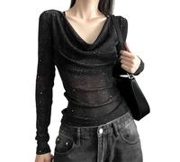 EMOTTOS Tops de Malla Sexy para Mujer, Slim Fit lentejuelas estampado Sheer Malla de manga larga, Strapless Swing cuello ver a través de camisas para las mujeres(Negro/Blanco, S-XL)