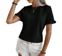 EMOTTOS Tops de Mujer con Volantes Plisados, Camisetas de Verano con Cuello Redondo y Rayas fruncidas y Sueltas, Camisa Casual de Gasa sintética con Cuello Redondo（Negro-S）