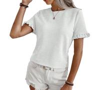 EMOTTOS Tops de Mujer con Volantes Plisados, Camisetas de Verano con Cuello Redondo y Rayas fruncidas y Sueltas, Camisa Casual de Gasa sintética con Cuello Redondo（Blanco-S）