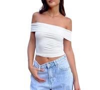 EMOTTOS Tops de un Hombro con Pliegues para Mujer, Elegante Crop Top con Mangas Plisadas, Verano Sexy Off-Shoulder Ruched Cintura Camisa, Moda Skinny Y2K tee Shirts(Blanco,S-L)