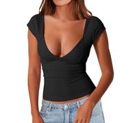 EMOTTOS Tops Plisados de Corte bajo para Mujer, Sexy Sweetheart Tight Shirt, Unique Y2k Slim Fit Crop Top Going out Streetwear, Moda Skinny Y2K tee Shirt（Black-S）