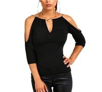 EMOTTOS Tops Únicos de Manga 3/4 para Mujer, Cuello en V Camiseta Casual Suelta con Cadena Móvil, Off-Shoulder 3/4 Manga Larga Túnica Tops Pullover Camiseta(Black-L)