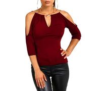 EMOTTOS Tops Únicos de Manga 3/4 para Mujer, Cuello en V Camiseta Casual Suelta con Cadena Móvil, Off-Shoulder 3/4 Manga Larga Túnica Tops Pullover Camiseta(Red-L)