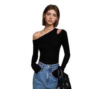 EMOTTOS Tops Y2K para Mujer, Camisetas asimétricas con Hombros Descubiertos, Escote Inclinado y Aberturas Ajustadas Manga Larga elásticas de un Solo Hombro, Negro, S