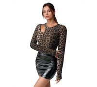 EMOTTOS Tops Y2K para Mujer, Sexy con Estampado de Leopardo, Manga Larga, Corte Ajustado, Cuello Redondo, Camiseta elástica Adelgazante, Camiseta para Fiestas y Festivales, Tallas M, marrón