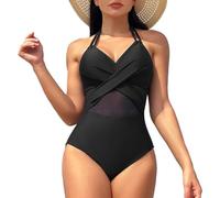 EMOTTOS Traje de baño de una Pieza para Mujer, Sexy Traje de Baño Cuello Cruzado sin Espalda con Sujetador, Traje de Baño de Encaje de Alta Elasticidad con Barriguita(04-L)