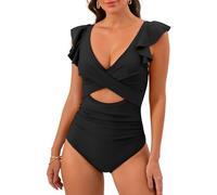 EMOTTOS Traje de baño de una Pieza para Mujer, Traje de baño Acanalado con Cuello en V y Sujetador, Traje de baño de una Pieza Calado con Volantes y Sujetador de Alta Elasticidad(07-M)