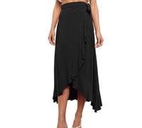 EMOTTOS Una Pieza con Cordones Falda Larga, Boho De Talle Alto Wrap Midi Faldas para la Mujer, Bohemia Línea A Diseño Lrregular Volantes Split Hem Flowy Falda Fiesta, Negro, M