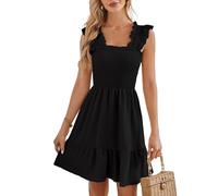 EMOTTOS Vestido elástico con Volantes para Mujer, Vestido de invitada de cóctel Acanalado sin Espalda para Verano, Vestidos sin Mangas con Cuello Cuadrado de Mini Columpio Corto Boho Suelto(Black-L)