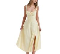 EMOTTOS Vestido Largo sin Mangas con Tirantes Finos para Mujer, Vestidos de Cóctel con Cuello Cuadrado y Tirantes Ajustables, Vestido Largo de Verano con Abertura, Amarillo, Tallas L