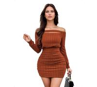 EMOTTOS Vestido Mini de Punto para Mujer, Vestido de un Solo Hombro con Diseño Acanalado y Aberturas, Vestidos Ajustado Plisado para Salir por la Noche, Marrón, Tallas S