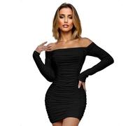 EMOTTOS Vestido Mini Sexy con Fruncidos para Mujer, Vestidos Ajustados de Manga Larga con Hombros Descubiertos, Vestido de Cóctel Lápiz con Doble Capa Suave y Forro, Negro, S