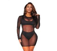 EMOTTOS Vestido Mini Transparente de Encaje para Mujer, Body Elástico de Manga Larga con Cuello Redondo, Lencería Ajustada de Malla Transparente para Salir por la Noche, Negro, L