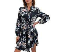 EMOTTOS Vestidos Casual para Mujer, Floral Faux Chiffon Botones Manga Larga A-Line Señoras Túnica Vestido, Largo Swing Arrugas Profundo Cuello V Cintura Rodilla Longitud Vestidos, Negro, S-L