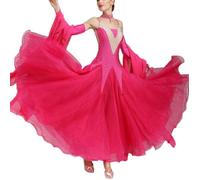 Empalme De Malla Vals Tango Trajes De Competencia De Salsa Profesional con Mangas Vestidos De Baile De Salón Sin Tirantes para Mujer Elegante Vestido De Baile Social Gran Swing,Rose Red,S