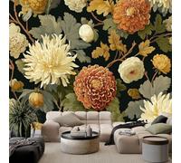 Empapelado Retro Fotomurale Murales Planta Crisantemos Dalias 400 x 280 cm Papel Pintado no Tejido, Negro Papel Tapiz Fotográfico - Salon Dormitorio Oficina Mural de Decoración de Pared