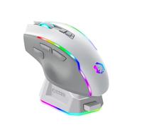 Empire Gaming RF908 - Ratón inalámbrico recargable con estación de carga magnética RGB - 10000 DPI 8 botones programables modos WiFi 2.4 GHz, BT/cable vía USB-C (blanco)