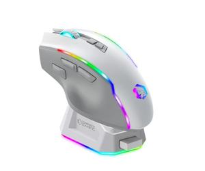 Empire Gaming RF908 - Ratón inalámbrico recargable con estación de carga magnética RGB - 10000 DPI 8 botones programables modos WiFi 2.4 GHz, BT/cable vía USB-C (blanco)