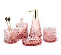 EMPO Juego completo de 5 accesorios de baño de cristal de diamante, dispensador de loción vintage triangular, jabonera, soporte para cepillo de dientes, vaso, tarros de hisopo de algodón, decoración