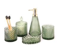 EMPO Juego completo de 5 accesorios de baño de cristal de diamante, dispensador de loción vintage triangular, jabonera, soporte para cepillo de dientes, vaso, tarros de hisopo de algodón, decoración