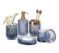 EMPO Juego de Accesorios de baño de Vidrio Transparente (loción, dispensador de jabón, jabonera, portacepillos de Dientes, Vidrio, hisopo de algodón), Accesorios Modernos contemporáneos, Cristal,