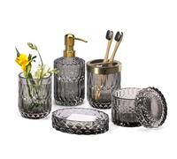 EMPO Set 6 Accessori Bagno in Vetro Trasparente (Dispenser Sapone, Portasapone, Portaspazzolino, Bicchiere, Portacotton fioc), Stile Contemporaneo, Regalo Vintage (6pz Gris)