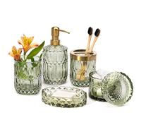 EMPO Set 6 Accessori Bagno in Vetro Trasparente (Dispenser Sapone, Portasapone, Portaspazzolino, Bicchiere, Portacotton fioc), Stile Contemporaneo, Regalo Vintage (6pz verde)