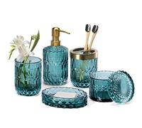 EMPO Set de 6 accesorios de baño, cristal transparente (dispensador de jabón, jabonera, portacepillos, vaso, tarro para bastoncillos), moderno contemporáneo, vintage, regalo, océano verde azulado