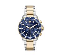 Emporio Armani Reloj Hombre, Movimiento cronógrafo, 43mm Caja de acero inoxidable plateado con correa de acero inoxidable, AR11362, Tono dorado y azul real