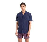 Emporio Armani Camisa de hombre de manga corta de mezcla de lino azul marino, turquesa, L