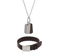 Emporio Armani Collar de Acero Inoxidable de Tono Plateado y Pulsera de Cuero de Hombre, Set