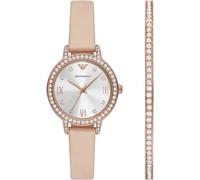 Emporio Armani Conjunto con brazalete y reloj para mujer de acero inoxidable en tono oro rosa con tres agujas, AR80069SET, Conjunto melocotón y purpurina