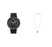 Emporio Armani Hombre Negro Cuero Reloj y Plateado Acero Inoxidable Collar, Set