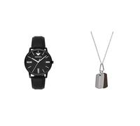 Emporio Armani Hombre Negro Cuero Reloj y Plateado Acero Inoxidable Collar, Set
