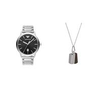 Emporio Armani Hombre Plateado Acero Inoxidable Reloj y Collar, Set