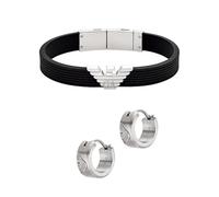 Emporio Armani Hombre Pulsera de Silicona Plateada y Aretes de Acero Inoxidable, Set
