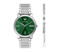 Emporio Armani Hombre Reloj de 42MM de Acero Inoxidable Tono Plateado, AR80087SET
