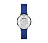 Emporio Armani Reloj de mujer, movimiento de dos agujas, caja de acero inoxidable plateado de 32 mm con correa de piel, AR11344, Azul y blanco