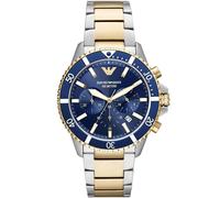 Emporio Armani Reloj Hombre, Movimiento cronógrafo, 43mm Caja de acero inoxidable plateado con correa de acero inoxidable, AR11362, Tono dorado y azul real
