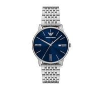 Emporio Armani Reloj de Tres manecillas para Hombre con Correa de Acero Inoxidable o Piel; Reloj de Vestir para Hombre, Plateado/Azul, 39MM, Minimalista