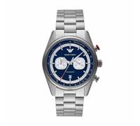Emporio Armani Reloj Hombre, Cronógrafo Cuarzo 2 subesferas y Caja de 42mm con Correa de Acero, Tono Plata y Azul