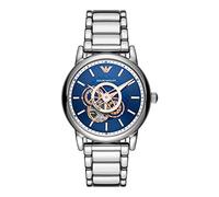 Emporio Armani Reloj Hombre, Movimiento automático, 43mm Caja de acero inoxidable plateado con correa de acero inoxidable, AR60036, Tono azul y plateado