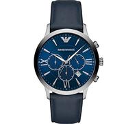 Emporio Armani Reloj Hombre, Movimiento cronógrafo, 43mm Caja de acero plateada con correa de piel, AR11226, Azul y gris