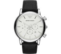 Emporio Armani Reloj Hombre, Movimiento cronógrafo de cuarzo, caja de 46mm Plata / Acero inoxidable con correa de piel, AR1807, Blanco hueso y tono plata
